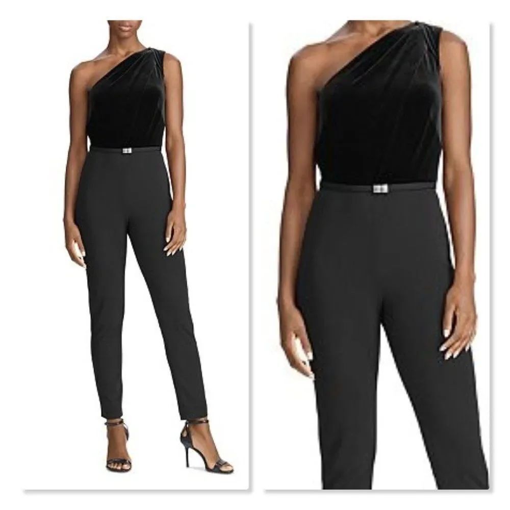 NEW! Ralph Lauren One-shoulder Velvet Jersey Jumpsuit size 12 in Black.